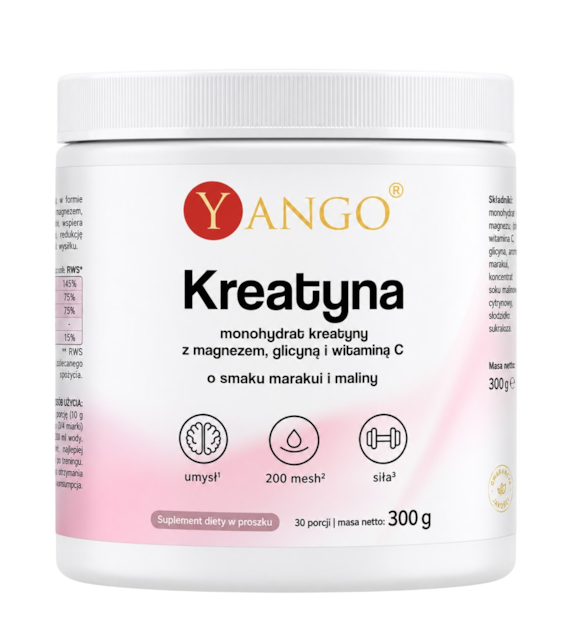 YANGO Kreatyna 200 Mesh z magnezem, glicyną i witaminą C o smaku marakui i maliny 300g