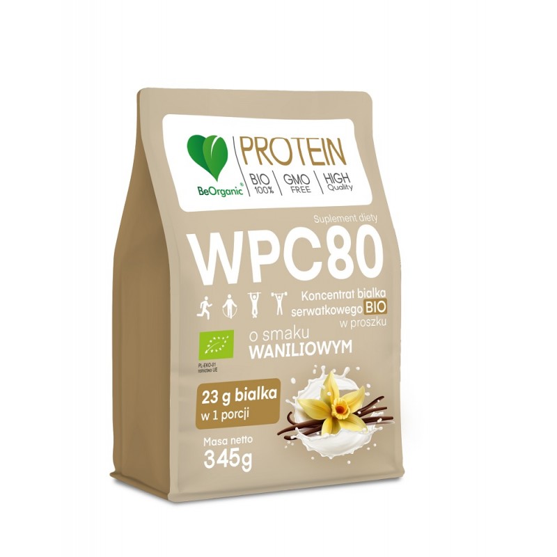 Białko serwatkowe WPC 80 o smaku Waniliowym 345g BeOrganic BCAA L-leucyna L-izoleucyna L-walina