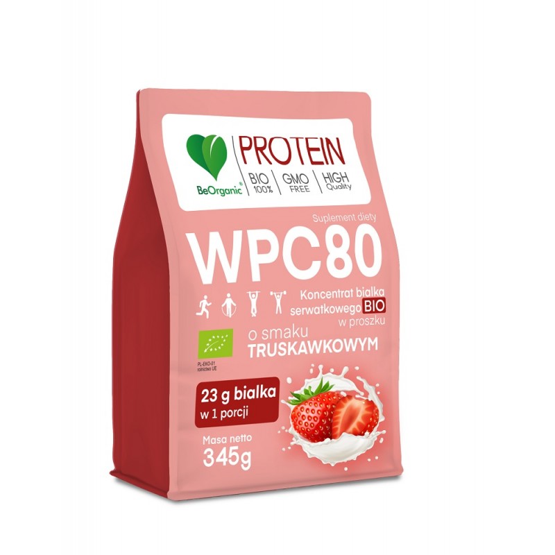 Białko serwatkowe WPC 80 o smaku Truskawkowym 345g BeOrganic BCAA L-leucyna L-izoleucyna L-walina