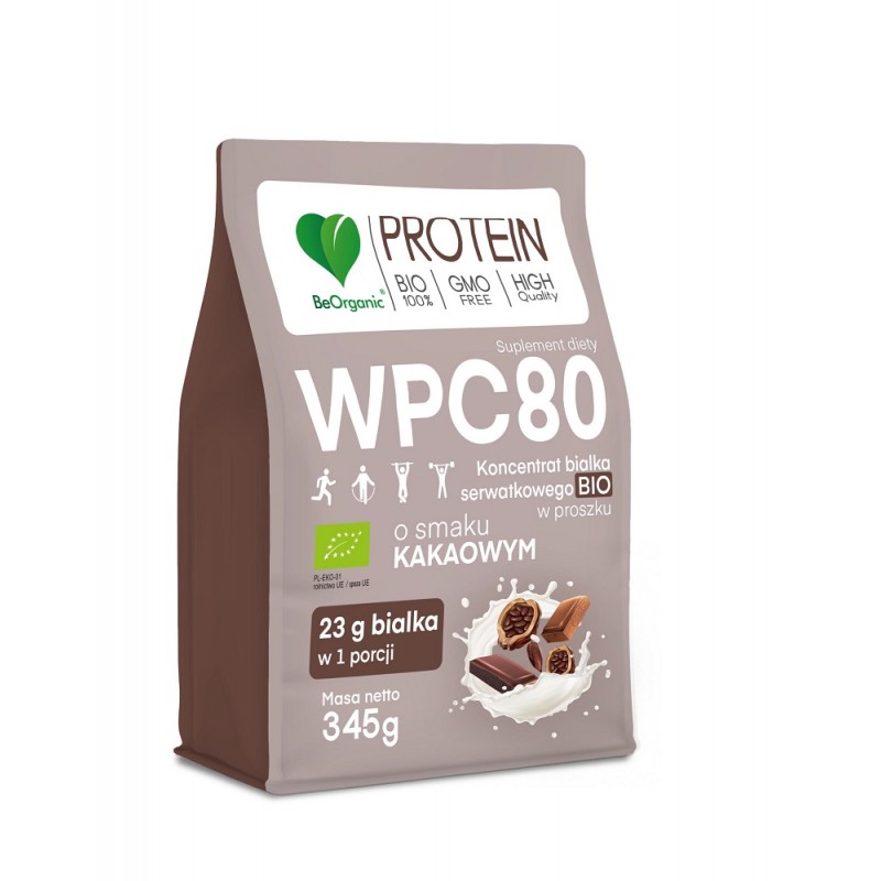 Białko serwatkowe WPC 80 o smaku Kakaowym 345g BeOrganic BCAA L-leucyna L-izoleucyna L-walina