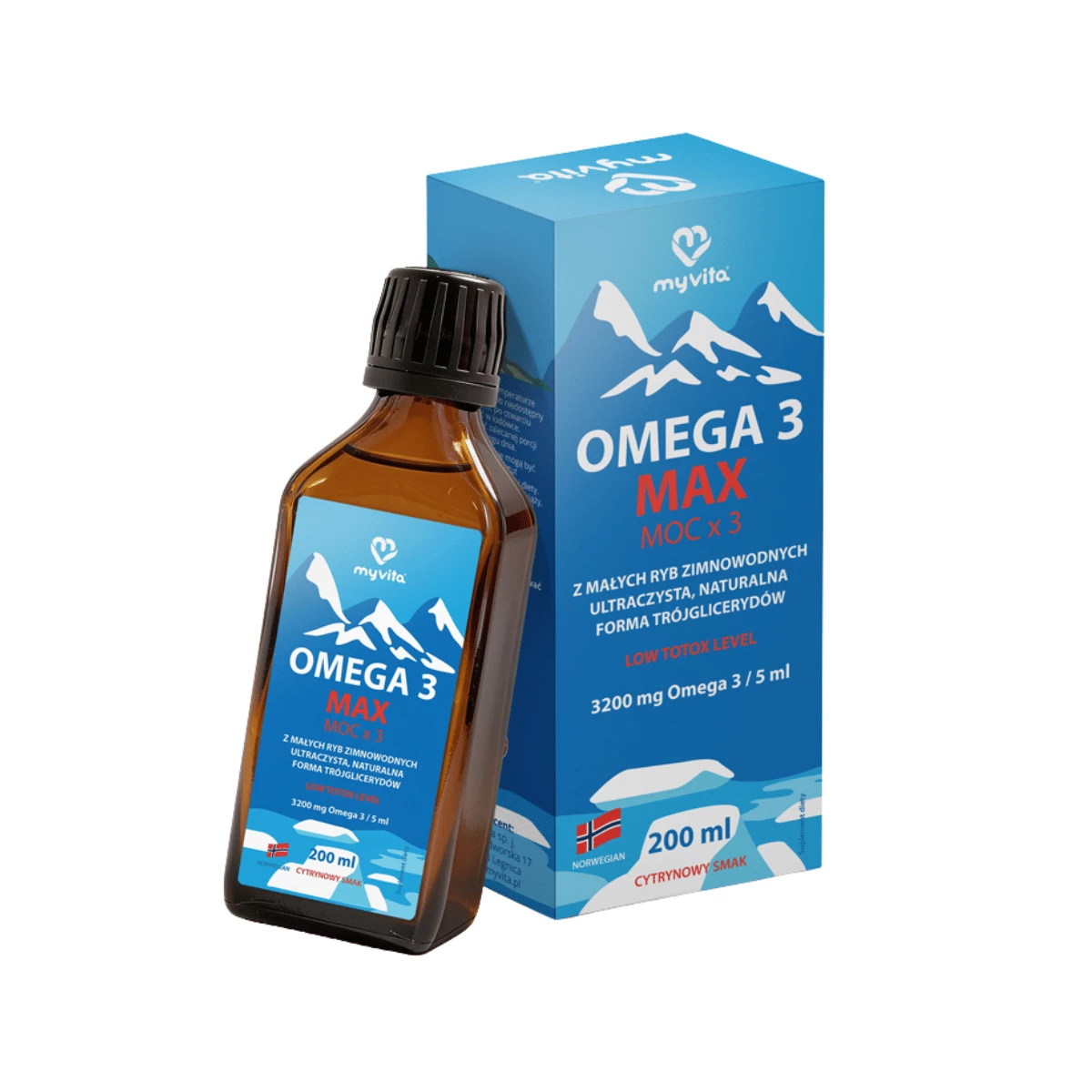 Myvita Omega 3 MAX MOC x 3 Trójglicerydy TG 3200 mg EPA DHA (Niski Totox) 200 ml